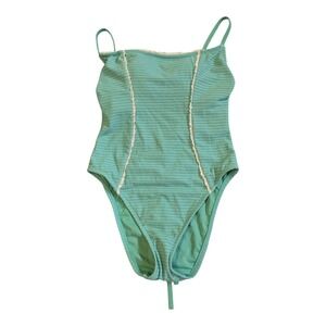 S-10 Women's Ruffle Trim High Leg Cheeky Swimsuit Shade & Shore Turquoise Blue S